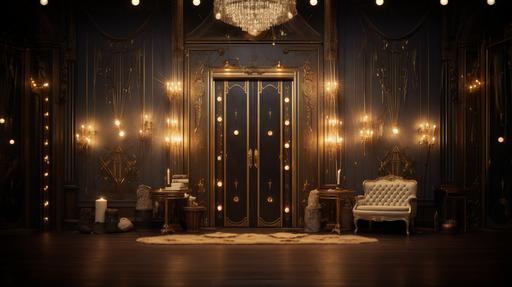 in the style of a photo realistic pop-up book, festoon and candles, FOYER of magic aert deco wooden and gold doors and walls with LONG golden framed pictures of 1920s magicians --ar 16:9