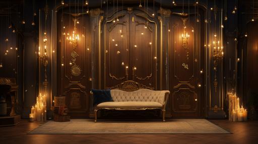 in the style of a photo realistic pop-up book, festoon and candles, FOYER of magic aert deco wooden and gold doors and walls with LONG golden framed pictures of 1920s magicians --ar 16:9