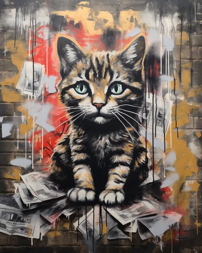 in the style of banksy, a cat with a money bag, visible brush stroke, wall graffiti, contrast, soft lighting, brick cement wall --ar 4:5