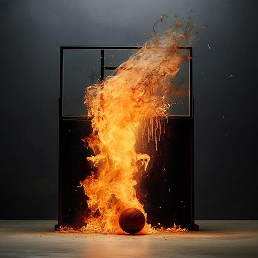 in the style of banksy, basketball board and basketball on fire. Minimalist