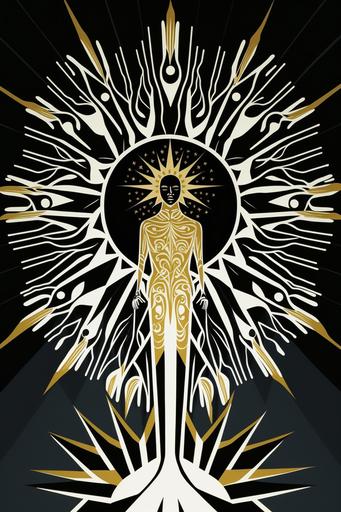 in the style of dark symbolism, in the style of tribal abstraction, in the style of esoteric iconography, A luminous person made of light with sun crown   A dark Gothic tower with a person in the top of it, White and Gold and gray, byzantine-inspired, solarizing master, in the style of reimagined religious art, simplify design, symmetrical figures, darkly romantic illustrations, romanesque art, rendered in maya, simplify, simplify, simplify, divine, divine, divine --ar 2:3 --v 4