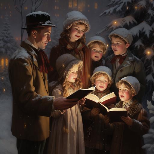 in the style of norman rockwell, a family singing carols in the snow