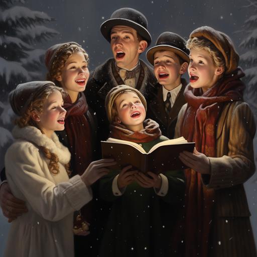 in the style of norman rockwell, a family singing carols in the snow