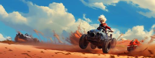 in the style of studio ghibli bright sunny day blonde toddler boy in blue shirt with crow on his shoulder drives red mad max fury road style car --ar 8:3