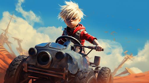 in the style of studio ghibli bright sunny day blonde toddler boy in blue shirt with crow on his shoulder drives red mad max fury road style car --ar 16:9