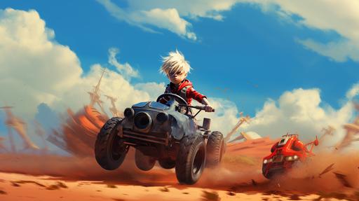 in the style of studio ghibli bright sunny day blonde toddler boy in blue shirt with crow on his shoulder drives red mad max fury road style car --ar 16:9