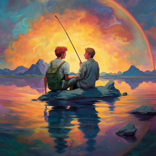 in the van gogh art style, an album cover of 2 guys cosmic young guys fishing, they're using casual clothes, they're sitting on top of a planet, light color scheme