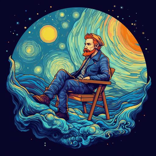 in the van gogh artstyle, a giant cosmic guy fishing, he's wearing casual clothes and is sitting on top of a planet, relaxing vibe