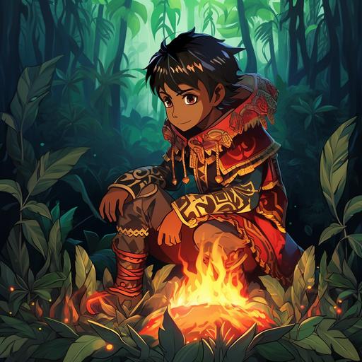 in they style of anime. A jungle scene. A young Aztec prince is in the jungle, sitting next to a fire. His back is tuned to the camera. He is wearing a royal aztec cape. The cape is hanging down his back, shifted to the right side of his body and right shoulder, so that the left part of his body is showing.