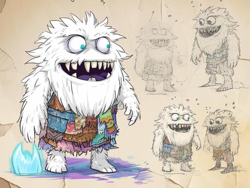 in this early 1990s hand-drawn 2D animation style, let's reimagine Yetor, the Icy Haunter, as a lovable character within the world of Aaahh!!! Real Monsters: Yeti Character in Aaahh!!! Real Monsters (Early 1990s Hand-Drawn 2D Animation Style):