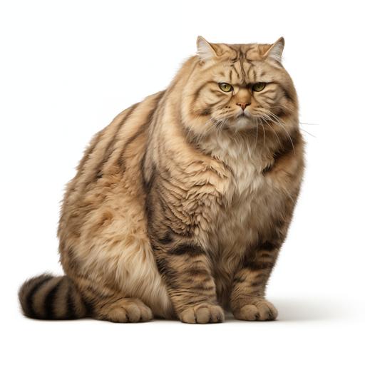 in ultrareallistic way, offer me a big tired cat, full length, side view, on white background