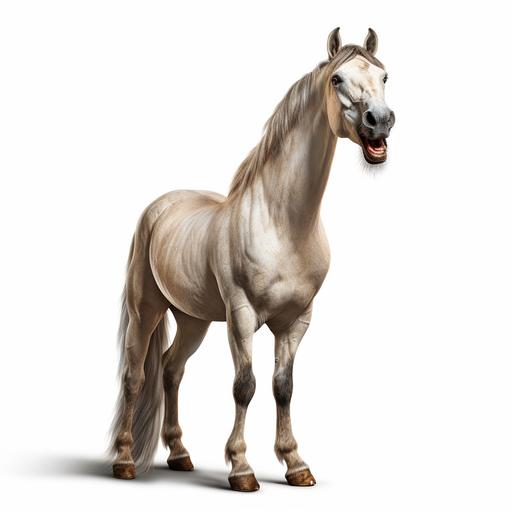 in ultrareallistic way, offer me a smiling horse, in a sitting position, full-length, on a white background