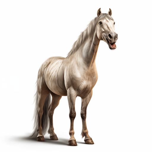 in ultrareallistic way, offer me a smiling horse, in a sitting position, full-length, on a white background