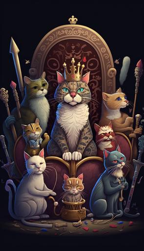 Digital art of a whimsical scene featuring a line of diverse cats, each with unique fur patterns and expressions, forming a single file in a dimly lit alley, as they patiently await their turn to pay cat tax and homage to a majestic rat king. The rat king, adorned with a regal crown and scepter, sits atop a makeshift throne, asserting dominance over the feline subjects. The alley's brick walls and cobblestone ground are illuminated by the soft glow of nearby lanterns, casting warm, contrasting shadows that add depth and atmosphere to the image. The composition emphasizes the peculiar yet captivating interaction between the cats and the rat king, showcasing a playful reversal of roles in the animal kingdom. The artwork is rich in detail, texture, and color, drawing the viewer into this enchanting and imaginative world --ar 9:16 --s 1000 --q 2
