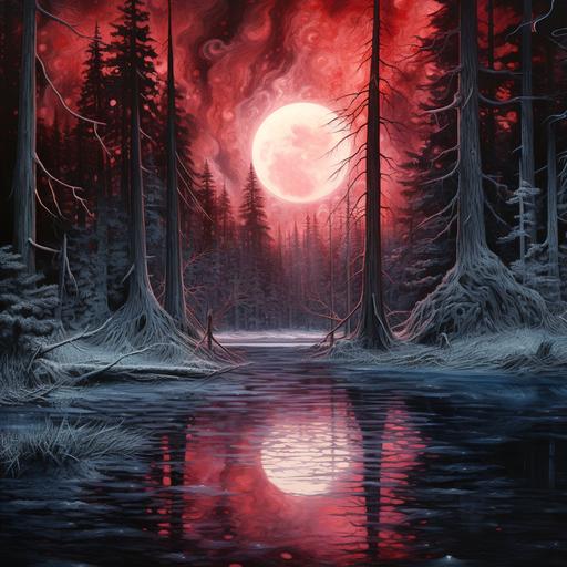 incandescent plasma lake, frozen, winter, in a redwood, moonlight