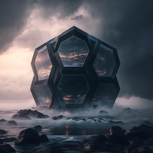 incredible hyper twisted hexagon chrome building floating over the ocean, rendered in octane with volumetric lightning and mystic fog, very realistic,ultra-detailed, pure realism,arch itectural visualization,archviz, exterior render, high sample level, 16k, dark render, black exterior,