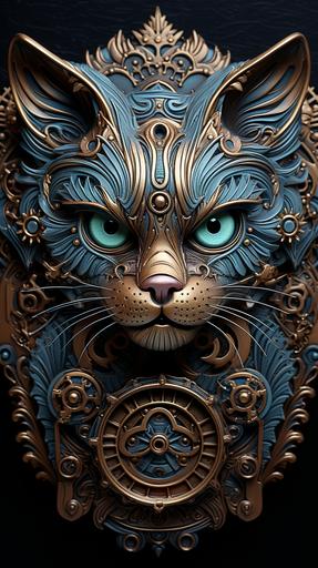 incredibly complex ornate cute mechanical kitty wall clock made of bronze and painted metal, gears, cogs, whimsical Art Nouveau style, fine pencil lines, muted watercolor wash, gradient, old fresco wall background --ar 9:16 --v 5.2 --q 2 --s 500