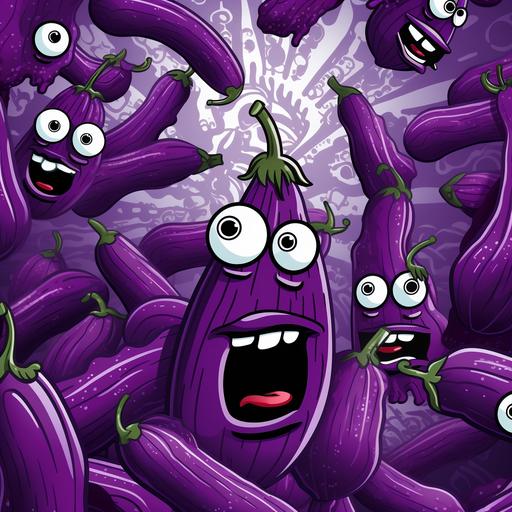 incredulous spiraling eggplants on a cartoon bold background --q 2