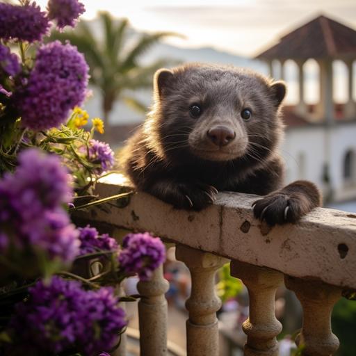 This adorably sweet binturong leans over a stonework balustrade, surrounded by purple starlight pansies in the planters around the balcony, looking wistfully over the beautiful coastal villa. --q 2