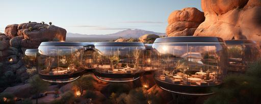 bulbous glass protrudes out from the rock to form this immaculately appealing Tucson futuristic mixture of restaurant and dining pods spread out along the panoramic rock facing, gothically crafted and elegantly appointed --ar 5:2