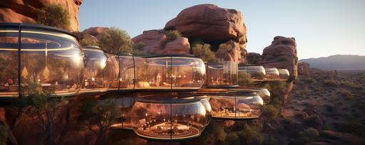 bulbous glass protrudes out from the rock to form this immaculately appealing Tucson futuristic mixture of restaurant and dining pods spread out along the panoramic rock facing, gothically crafted and elegantly appointed --ar 5:2