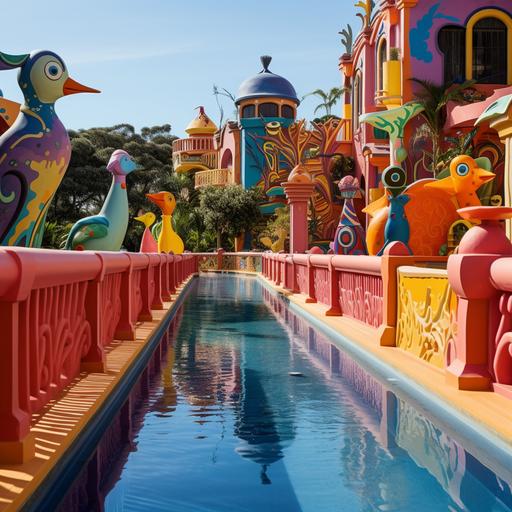the ornately designed balustrade of cartoon caracter ducks, with eye popping colors, the deck is surrounding a fabulous conservatorium pool complex for people of all ages. --q 2
