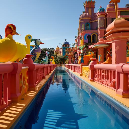 the ornately designed balustrade of cartoon caracter ducks, with eye popping colors, the deck is surrounding a fabulous conservatorium pool complex for people of all ages.