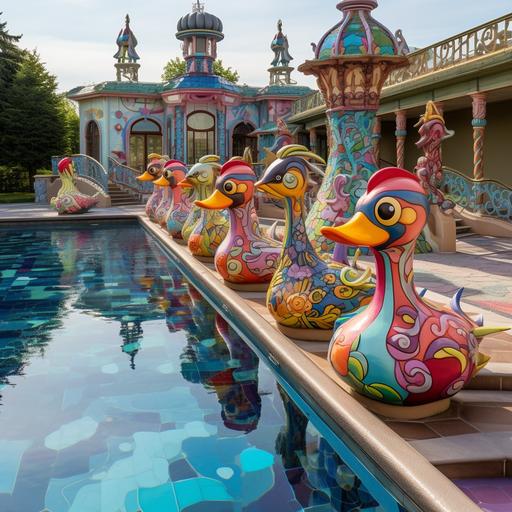 the ornately designed balustrade of cartoon caracter ducks, with eye popping colors, the deck is surrounding a fabulous conservatorium pool complex for people of all ages. --q 2