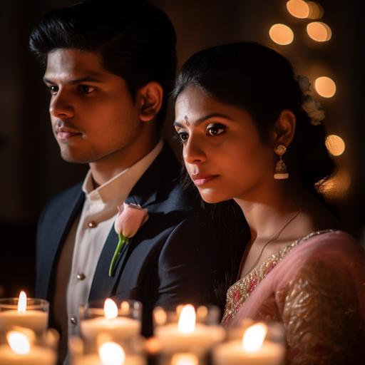 indian bride and white groom, fat couple, indian wedding, close up, no guests, flower & candle decor, aesthetic evening, unsaturated lighting, canon 5d mk II, 8k, ultra realistic, --v 5