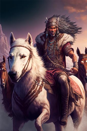indian chef on a brown and white horse riding in the pretty american tundra, followed by a pack of wolves | DUNGEONS AND DRAGONS STYLE | MAGIC THE CATHERING | GAME 3d render, 8K, HD, ultra detail --v 4 --ar 2:3