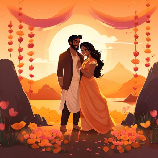indian couples standing with flower garland. Evening sunset moody climate. Cozy weather. Cartoon style.
