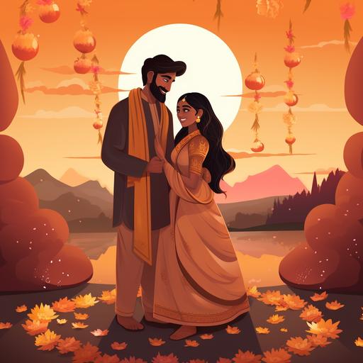 indian couples standing with flower garland. Evening sunset moody climate. Cozy weather. Cartoon style.