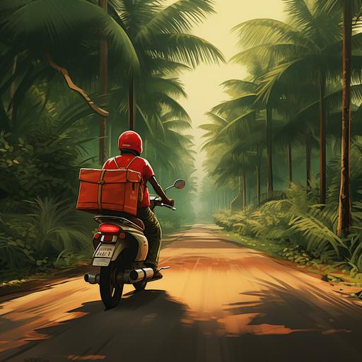 indian delivery riding scooter on road and show the lots of trees and greenery