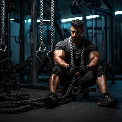 indian fitness model guy,rope workout, in a gym , gym equipments behind, black atmosphere, ultra hd--ar 500*700