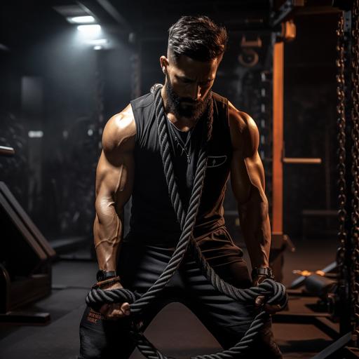 indian fitness model guy,rope workout, in a gym , gym equipments behind, black atmosphere,full hd ultra--ar 9:16