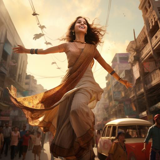 indian girl that is floating on the air in her traditional clothes on a busy street waving to a boy she likes, gorgeous girl, cup G