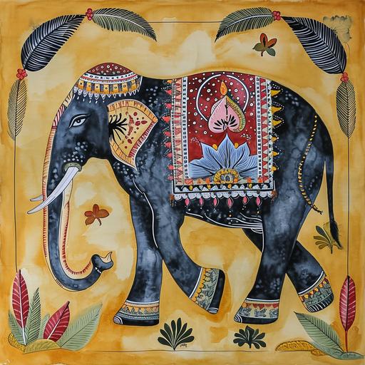 indian kalighat patchitra painting style elephant watercolor --v 6.0