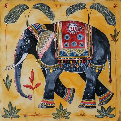 indian kalighat patchitra painting style elephant watercolor --v 6.0