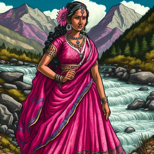 indian, lady, cartoon, pink dress, bling, mountain background, river stream,