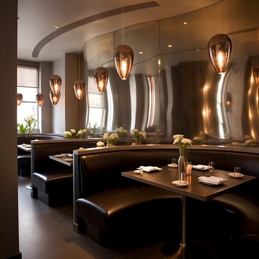 indian restaurant, small, grey leather banquette, curved chairs, mirrored bar, modern, contemporary, luxury