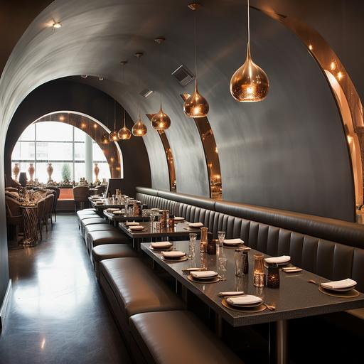 indian restaurant, small, grey leather banquette, curved chairs, mirrored bar, modern, contemporary, luxury