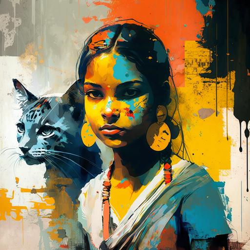 indian village girl with cat, abstract painting, collages, grafitti stencil, muted vibrant colors, brush strokes 18k