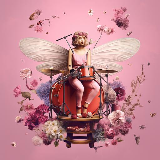 indie folk alternative rock band album cover with a red and purple angel sitting on an ergonomic stool, in the style of postmodern collage techniques, experimental typography, dreamy collages, i can't believe how beautiful this is, relatable personality, honeycore, pink and cyan --c 25