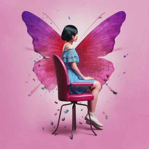 indie folk alternative rock band album cover with a red and purple angel sitting on an ergonomic stool, in the style of postmodern collage techniques, experimental typography, dreamy collages, i can't believe how beautiful this is, relatable personality, honeycore, pink and cyan --c 25 --v 5.1