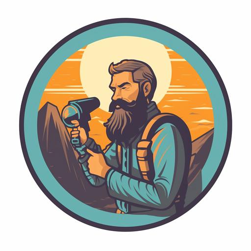 indie nerd circular logo of a bearded guy searching with a telescope