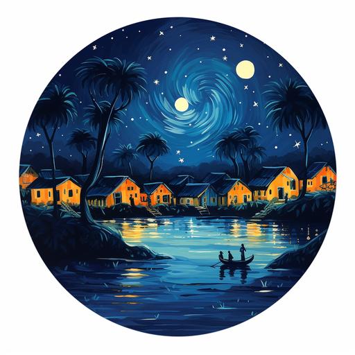 indigo colorful bangladeshi village with paddy field river boat trees starry night vangogh style round shape