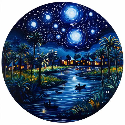 indigo colorful bangladeshi village with paddy field river boat trees starry night vangogh style round shape
