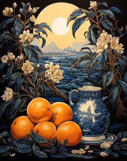 indigo tangerines close-up next to a sprig of Christmas tree with balloons on the New Year's table vintage style soft magic light block print illustration, Robert McCloskey --ar 11:14 --s 750