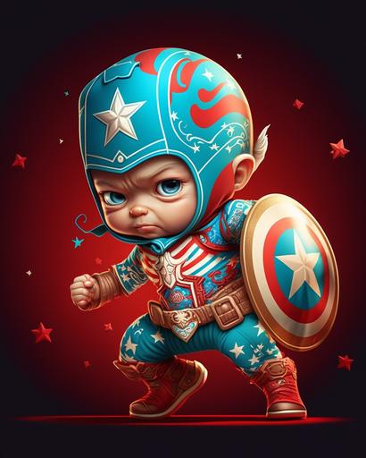 indonesian baby character that is cute, Dynamic pose, full body view, intricate details, red Background with captain america logo behind, baby, hyper realistic, indonesian batik, 4k --ar 4:5