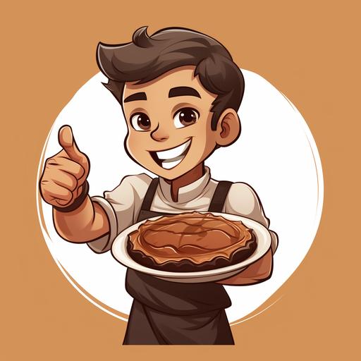 indonesian chef cartoon, thumbs up, holding a big chocolate pie